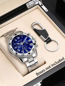 3pcs Set: Men's Roman Numeral Quartz Watch, Keychain, And Wallet, Fashion Alloy Strap Large Dial Wristwatch And Multi-Layer Wallet, Father's Day Gift, Valentine's Day Gift - Silver - View 4