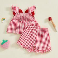 Toddler Baby Girls Tank Top And Shorts Set Summer Casual 2Piece Outfit Ruffle Hem Fly Sleeve Polka Dots Bows Detail And Strawberry Embroidered Smocked Peplum Tank Top + Ruffle Hem Wide Leg Shorts Set For Newborn Infant Kids Girls 0-3Y - 紅白色 - 查看 6