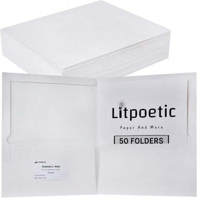 50 Pack Glossy Laminated Paper Folders With 2 Deep Pockets &Amp; Business Card Slot, Holds 100 Sheets Letter Size Papers, Two-Pocket Paper File Folders For Business, Office, School &Amp; Home (White)