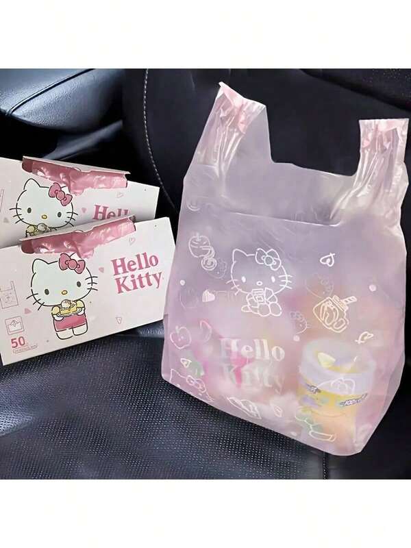  50 piezas/Caja Bolsas de basura con estampado de Kuromi y Hello Kitty de Sanrio, duraderas, ligeras, portátiles, multiusos, adecuadas para coche, picnic, hogar, oficina y viaje. También son un regalo perfecto.
