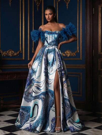 女士优雅蓝白抽象印花露肩薄纱荷叶袖开衩长款晚礼服，时尚性感正式礼服，魅力晚礼服