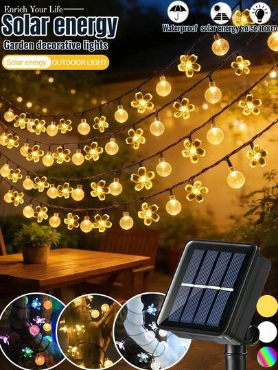 户外太阳能花园灯串 - 20/50/100颗LED灯珠，8种照明模式，太阳能水晶球花朵灯串，16.4/22.97/39.37英尺，IP65防水，适用于花园、庭院、阳台、围栏、房屋、婚礼、聚会、派对、复活节、节日装饰、智能照明、母亲节礼物（暖白/白/彩色）