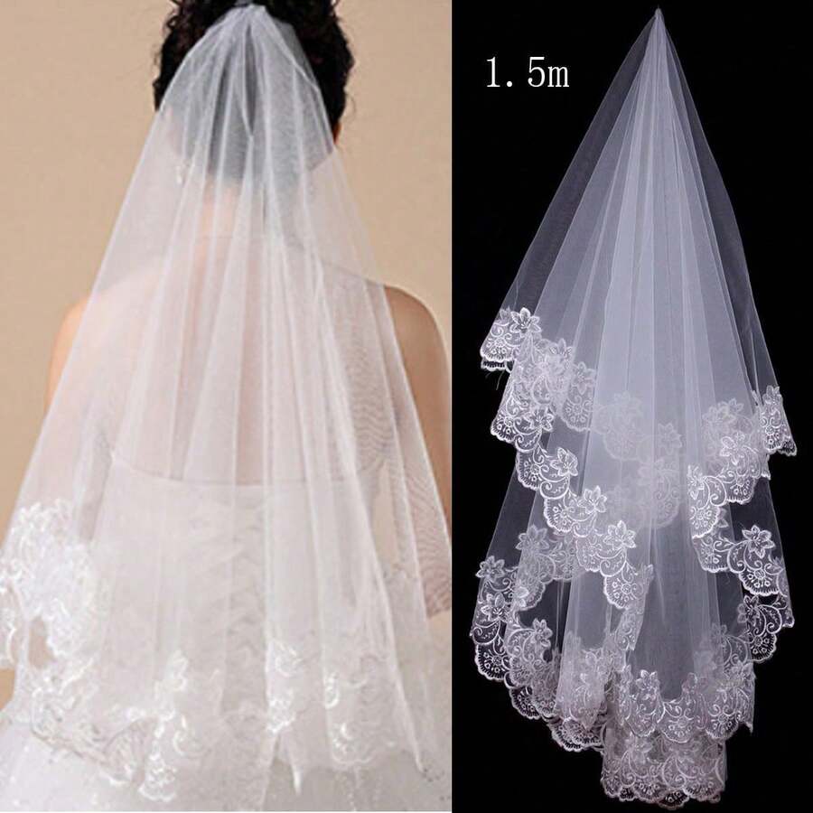 1.5m French Retro Lace Trim Bridal Veil, White Wedding Veil With Train - White - View 1