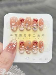 10pcs/Set Press On Nail Art, Love Frequency, Cute, Gentle, Dazzling, Cat's Eye, French Style, Pile Of Diamonds, Hand-Painted, Blush, Handcrafted Wearable Nails - Multicolor - View 1