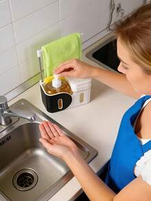 四合一厨房皂液器套装，包含液体皂液器、带海绵架的洗洁精泡沫器、厨房收纳架，以及水槽和台面清洁用品。 - A - 查看 9