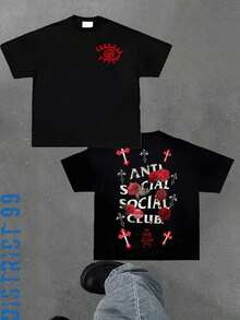 Anti Social Club Graphic Cropped T-Shirt For Boys And Girls Men, Women All Ages Family T-Shirt Letter New Streetwear Clothing Harajuku T-Shirt Cotton Half Sleeve Tee, Y2K Style Casual Cotton Classic Crewneck Design Tee - 黑色 - 查看 6