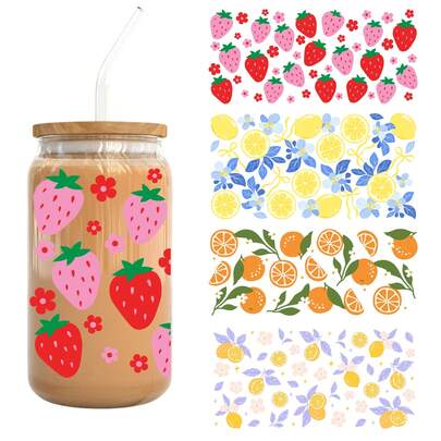 Cute Strawberry Fresas Lemon Floral Orange Blossom UV Dtf Cup Wraps For 16 Oz Glass Can Cup, Fresh Fruit Floral Lemon Uv Dtf Cup Wraps For Glass Cup Bottle Tumbler Mug, Summer Lemon Waterproof Uvdtf Cup Wraps For Laptop Diy Craft Decorations, Uv Dtf Decals Water Bottle Stickers, Gift For Girls Friends