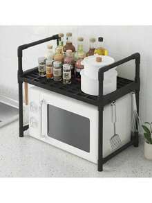 1 Piece Microwave Rack, Expandable Microwave Shelf, Countertop Kitchen Utensil And Cutlery Storage Rack, Carbon Steel Microwave Rack With Hooks - Multicolor - View 3