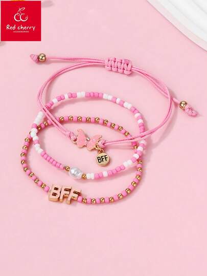 3件套儿童手工串珠编织闺蜜手链套装，珐琅蝴蝶和仿珍珠，适合日常佩戴、送礼、节日佩戴