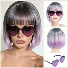 Cyberpunk Bob Wig & Glasses Set - 20+ Neon Colors With Adjustable Fringe | Multi-Tone Synthetic Hair For Cosplay, Rave, Halloween & Daily Bold Fashion (Hot Red/Lime Green/Orange/Light Pink/Plum Purple/Neon Blue/Neon Lilac/Golden Blonde/Black) - 淺灰紫 - 查看 4