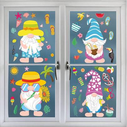 一套9片夏季海滩小矮人窗贴，包含椰子树、冰淇淋、拖鞋图案，可移除静电吸附玻璃贴纸，适用于卧室、客厅、阳台和展示窗装饰。