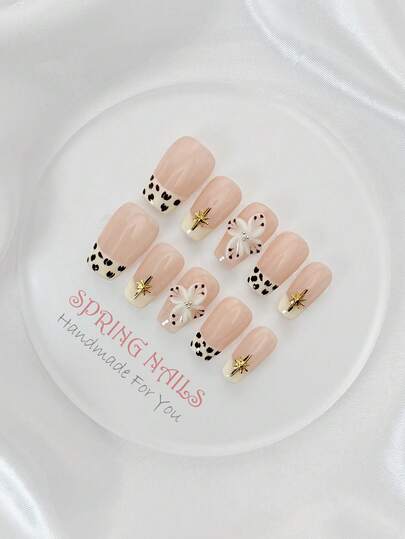 10pcs Handmade Acrylic Press-On Nails, Removable Nail Stickers, Short Square Nails, Cute Minimalist, Y2K Goth, Pink, Leopard, French, 3D Floral, Polka Dot, Gold Starry, Suitable For New Year, Valentine's Day, Dates, Parties, Seasons
