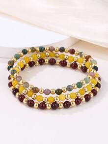 Vòng tay phong cách Bohemian làm từ đá sơn, ngọc bích vàng, mã não, hạt vàng, phụ kiện đá tự nhiên có thể xếp chồng lên nhau, vòng tay co giãn tối giản. - Vòng đeo tay - Xem 6