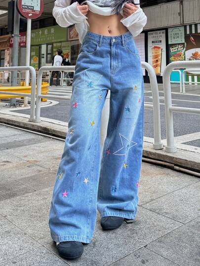 1件韩版街头风刺绣宽松舒适阔腿牛仔裤，百搭牛仔裤（不含腰带/配饰）休闲春季款