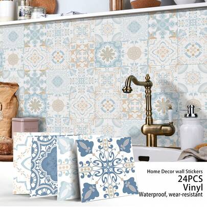 OUTANA Bộ 24 miếng giấy dán tường PVC tự dính họa tiết hoa mùa xuân cổ điển, chống thấm nước, chống ẩm, dễ lau chùi, có thể tháo gỡ và kết hợp tự do, hình vuông trang trí tường nghệ thuật, thích hợp cho phòng khách, phòng ngủ, nhà bếp, trang trí sàn nhà, làm mới tủ và mặt bàn.