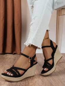 女士仿麂皮罗马风交叉绑带坡跟凉鞋，露趾踝带，编织厚底，波西米亚风夏季休闲百搭款 - 黑色 - 查看 1
