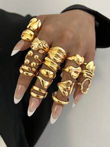 17pcs Fashionable Exaggerated Retro Punk Style 3D Heart, Star, Geometric Line, Ball Shaped Ring Set, Stackable Daily Wear Rings For Women (No Box) - Yellow Gold - View 1