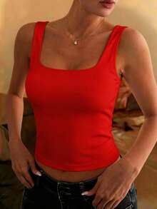 女士Y2K性感纯色背心，夏季通勤休闲百搭 - 紅色 - 查看 4