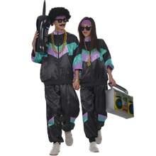 2pcs Set (Top + Pants) 80s Disco Sports Jacket And Pants, Retro Jogging Suit, 80s Theme Party - Black - View 1
