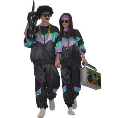 Bộ 2 món (Áo + Quần) Áo khoác và quần thể thao phong cách disco thập niên 80, bộ đồ thể thao retro, tiệc theo chủ đề thập niên 80