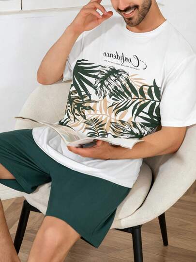 Bộ đồ ngủ nam in họa tiết cây cỏ, quần short tay ngắn nhẹ, thoải mái và thoáng mát, phù hợp mặc ở nhà ngoài trời, mùa hè.