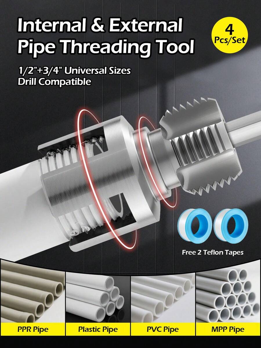 Internal & External Pipe Threading Tool Set 4Pcs/Set (1/2'' 3/4'' Dies) Free 2 Plumber's Tape, 2026 New Function Pipe Thread Cutting Tool, Electric Drill Compatible PVC & Plastic Pipe Threader Kit For Home Repair