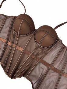 1pc Mesh Fishbone Bustier Sexy Sheer Shapewear Camisole Backless Fitted Spaghetti Strap Top - Brown - View 6