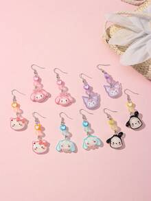 SANRIO 5 paia/set di orecchini pendenti con ciondolo a forma di gattino e perline a forma di cuore, adatti per feste, scuola, regali di compleanno per ragazze - Multicolore - Visualizzare 5