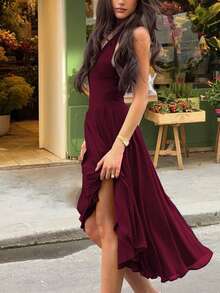 Women's Casual Solid Color Spaghetti Strap Summer Dress, Suitable For Party, Holiday, Sweet Elegant - Burgundy - View 4
