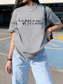 Women's New Casual Cute Pattern Loose Versatile Round Neck Short Sleeve T-Shirt, Fashionable Daily Vacation Wear. Women's Printed Short Sleeve T-Shirt, Suitable For Valentine's Day, Back To School Season, Teacher's Day And Other Holidays. Summer - Grey - View 6