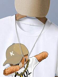 Conjunto informal de camiseta de manga corta con cuello redondo y estampado de dibujos animados, y pantalones cortos para niño pequeño, adecuado para uso diario en verano - Blanco - Ver 4