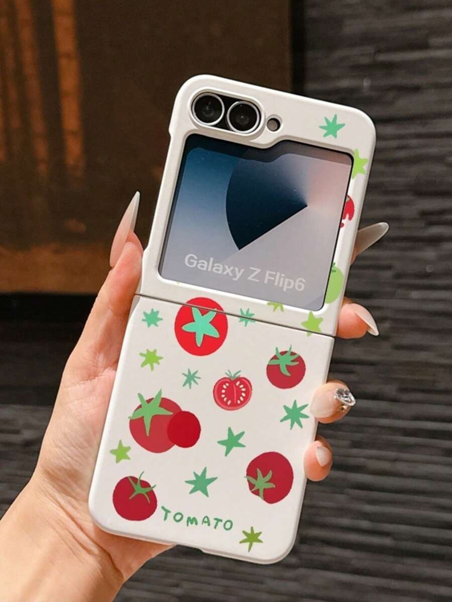 Plant 1pc Fashionable And Simple Skin Feel PC Material Cute And Simple Fruit Tomato Element Folding Phone Case, Can Protect And Prevent Falling For: SamsungGalaxy Zflip 3/Zflip 4/Zflip 5/Zflip 6/Zflip 7/ Find N3 Flip/ Razr 50 Ultra/ Razr 60 Ultra/ Razr 60/ Razr 50/XiaomiMIX Flip/Galaxy Z Flip7 FE - White - View 1