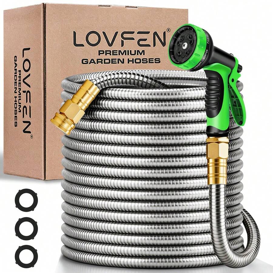 LOVFEN 25-150ft Metal Garden Hose Kit,Stainless Steel Heavy Duty Water Hose ,With 10 Function Nozzles,Flexible No-Kink, Pet-Proof, Puncture-Proof Rust-Proof For Yard, Outdoors - Metal Garden Hose - 查看 1