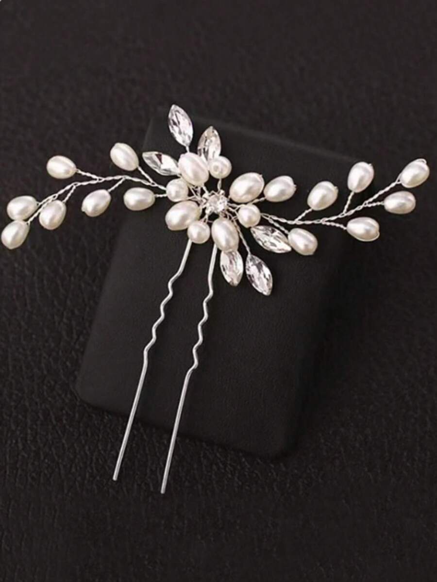 1pc Handmade Pearl & Rhinestone Hair Clip For Women - Silver - View 1