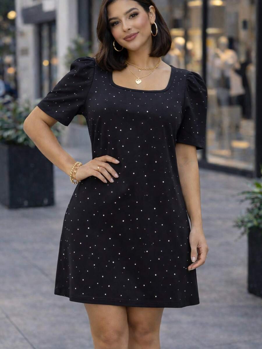 Vestido de algodón de mujer dama verano casual con brillos y bolsas amplio - Negro - Ver 1