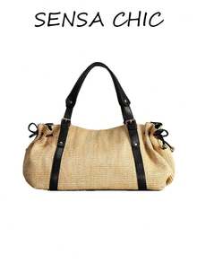 Esta nueva bolsa de tote de color caqui sólido presenta una correa para el hombro negra y un diseño de cordón grande. Es una bolsa de playa elegante perfecta para viajes, compras y ocio. - Caqui - Ver 1
