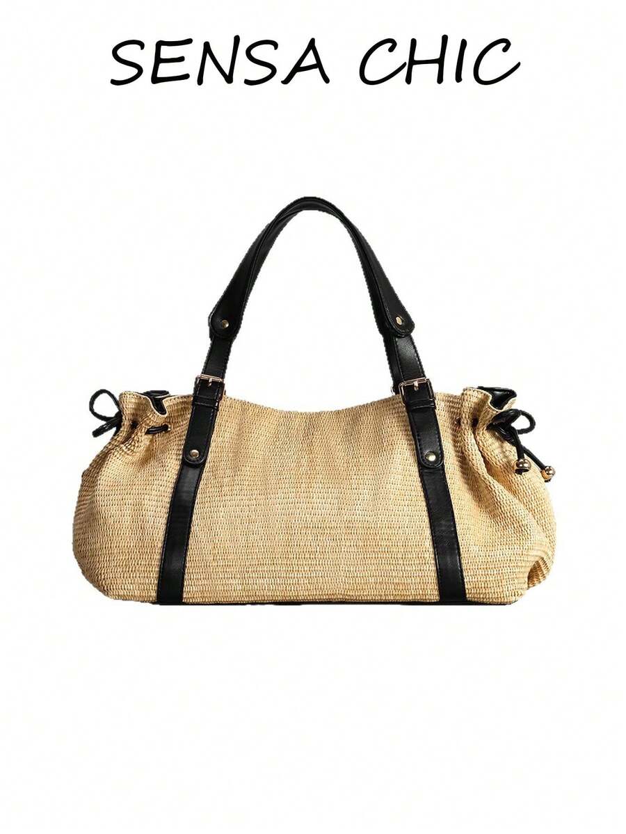 Esta nueva bolsa de tote de color caqui sólido presenta una correa para el hombro negra y un diseño de cordón grande. Es una bolsa de playa elegante perfecta para viajes, compras y ocio. - Caqui - Ver 1
