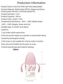 1pc PPSU Self-Flowing Baby Bottle With 360° Gravity Ball, Easy-Grip Handle, Silicone Nipple, Anti-Colic Design, Leak-Proof, Easy Suction, 160ml, Suitable For Infants 6 Months And Above - Multicolor - View 8