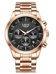 LIGE Men's High-End Watch Waterproof Luminous Quartz Watch Stainless Steel Strap Unique Dial Design Fashionable Men's Watch - Black - View 12
