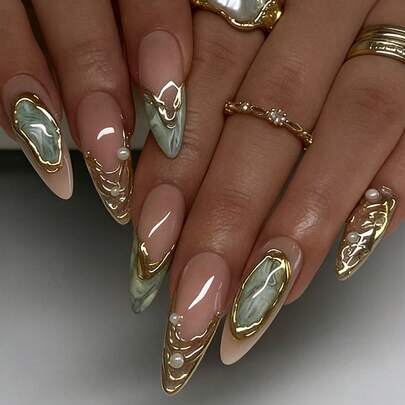 24pcs/Set Almond-Shaped Asymmetrical Golden Cat Eye Sequin Pearl Press-On Nails, Includes 1 Piece Gel Polish And 1 Piece Nail File, Suitable For All Ladies/Girls For Daily Wear, Festivals, Weddings, Parties, Essential Manicure Accessory For Spring/Summer