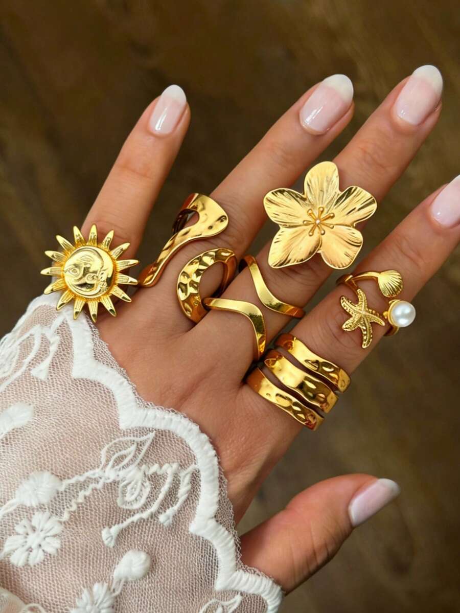 6 Peças Conjunto de Anéis Empilháveis Vintage com Estilo Exagerado de Férias na Praia, Estrela do Mar, Concha, Pérola Falsa, Girassol Geométrico, Adequado para Uso Diário, Praia, Viagem, Conjunto de Anéis de Alta Qualidade, Ótimo Presente para Namorada, Aniversário da Mãe - Ouro amarelo - Visão 1