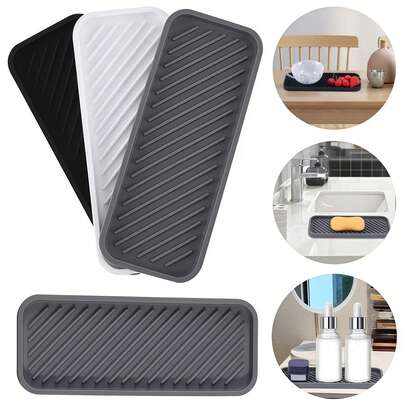 3pcs Silicone Bathroom Tray, Self-Draining Soap Dish, Soap Dispenser Tray, Suitable For Sponge, Soap, Perfume, Cosmetics, Jewelry Storage, Can Be Used In Bathroom, Vanity, Kitchen Sink