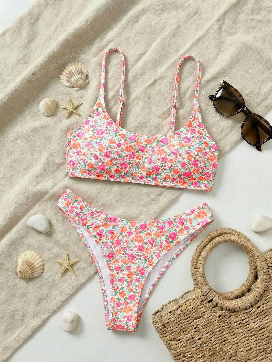Sweetra Summer Beach Women Vacation Floral Print Simple Fashion Bikini Set With Separated Swimwear - Multicolor - View 1