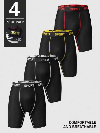 4 Peças Cuecas Boxer Esportivas Masculinas, Costura Contrastante, Confortáveis e Respiráveis, Pacote Múltiplo de Roupas Íntimas Esportivas