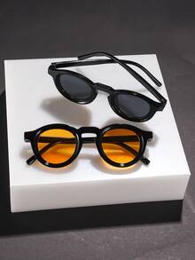 2PCS Men's Fashion Glasses, Polycarbonate Oval Frames, Black Grey Blue Yellow Classic Casual Personalized Cool Retro Versatile, Daily Travel Party Street Wear, With Glasses Box - Multicolor - View 8
