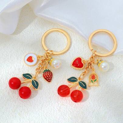 1pc Multi-Color Strawberry, Cherry & Pearl Pendant Keychain, Creative Cute Bag Charm, Car Key Chain Accessory