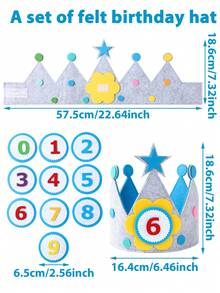 生日皇冠帽，带数字，毛毡皇冠，生日帽，生日皇冠，3D贴纸布艺皇冠，0-9可替换数字，生日蛋糕帽，派对装饰 - 藍色 - 查看 9