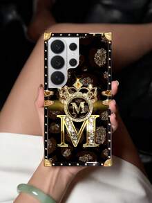 1pc Gold Letter With Crown Flat Pattern Rectangle Shockproof Phone Case, Comes With Matching Rhinestone Ring Holder Stand, Compatible With Samsung Galaxy S26 Ultra/S26/S26 Plus/S25FE/S25Ultra/S25+/S25/S24 Plus/S24/S24U/S23 Ultra/S22ULTRA/A56 5G/A36/A17/A16 And 17proamx/17/16 Promax/16/15PRO Max/15/14 Plus/15plus/14 Pro Max/13promax Models. [International Version, Not Domestic] - Black and Gold + Ring Holder - View 4