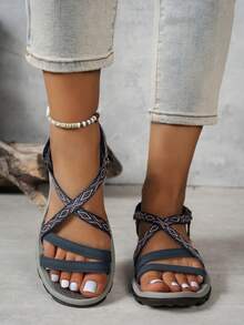 2026 Rhombus Pattern Beach Woven Criss-Cross Strap Flip Flops, Summer - Navy Blue - View 3