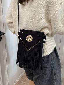 大容量流苏手提包，新款韩版简约时尚女式单肩包，休闲斜挎包，学生返校季必备 - 黑色 - 查看 4